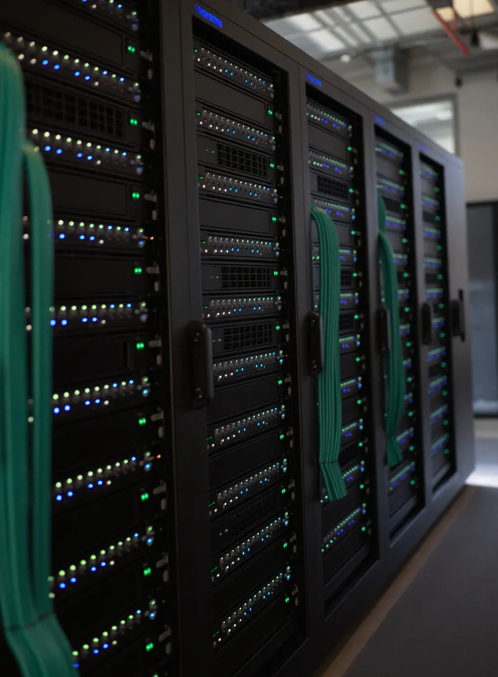 Rows of server racks with blue and teal status lights in a data centre